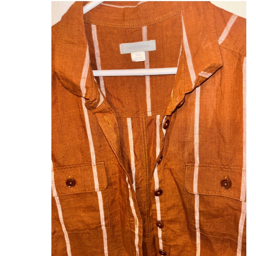 OUTERKNOWN Sea Romper Linen Stripe Playsuit Shortalls Brown Caramel Sz M - Picture 4 of 5